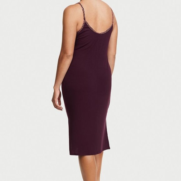 VS Modal Rib Nightgown Purple w/ Leopard Print Trim So Comfy and Cute - Picture 9 of 15